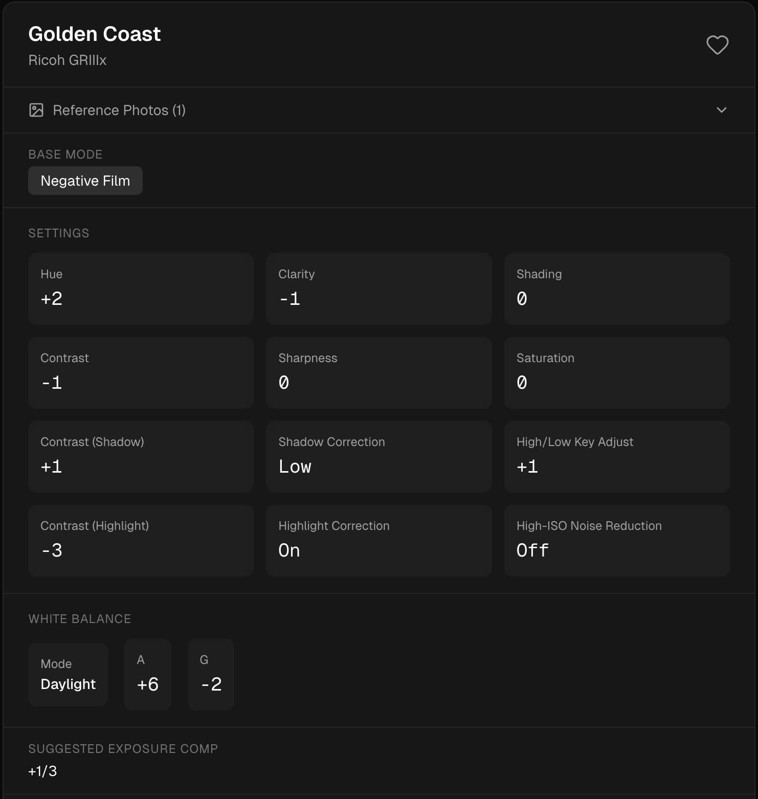 Example ToneChef recipe — Golden Coast for Ricoh GRIIIx showing base mode, settings grid, white balance, and exposure compensation